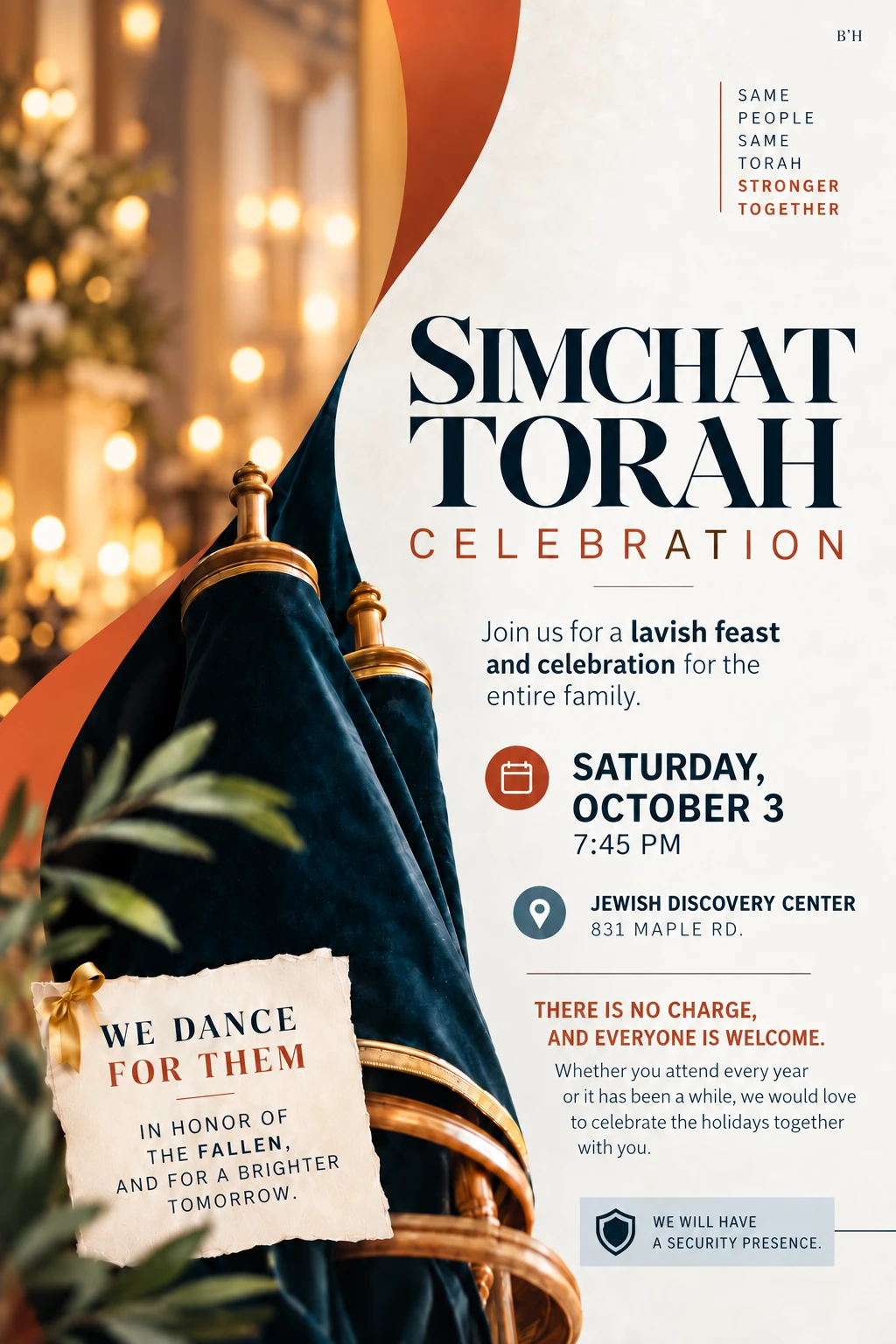 Simchat Torah Celebration at the Jewish Discovery Center — a lavish feast and celebration for the entire family, Saturday October 3 at 7:45 PM, 831 Maple Rd. No charge, everyone welcome.